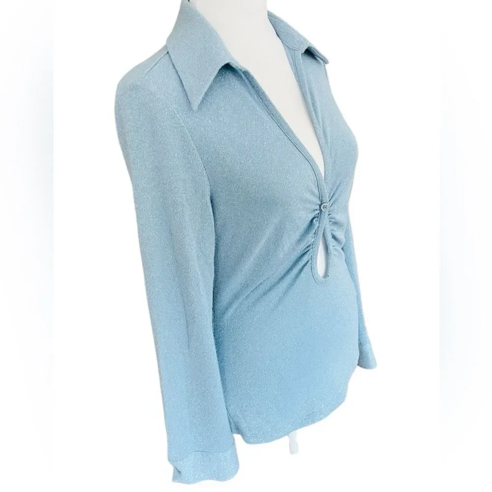 NWOT ZARA Sparkle Ruched Button Front Cutout Long Sleeve Blouse Light Blue Sz S